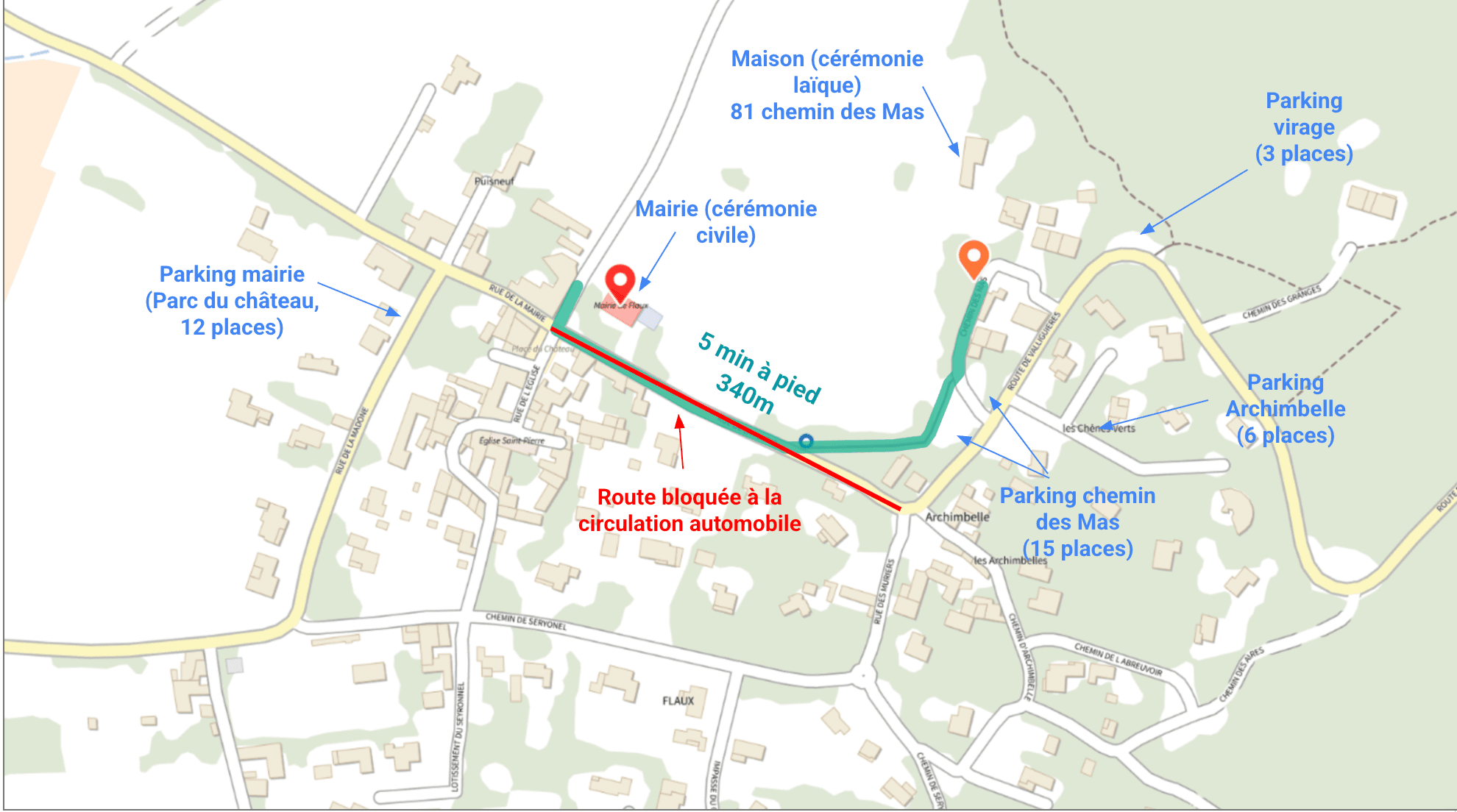 Carte du village de Flaux indiquant les parkings, la mairie, la maison et la route bloquée à la circulation